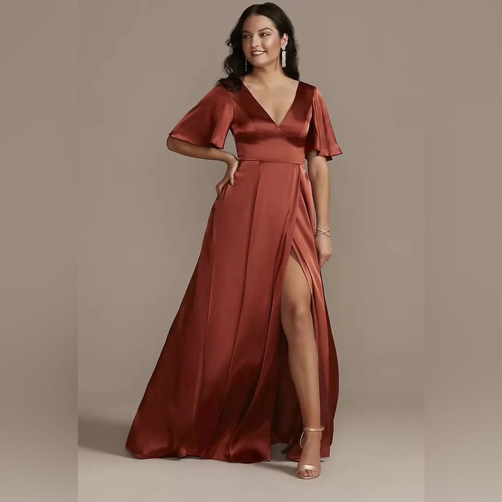 NWT David’s Bridal Galina Signature Flutter Sleeve Dress Cinnamon Bridesmaid